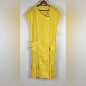 Vintage Sunny Lemon Yellow Front Pockets Pleated Hem Midi Dress size 14